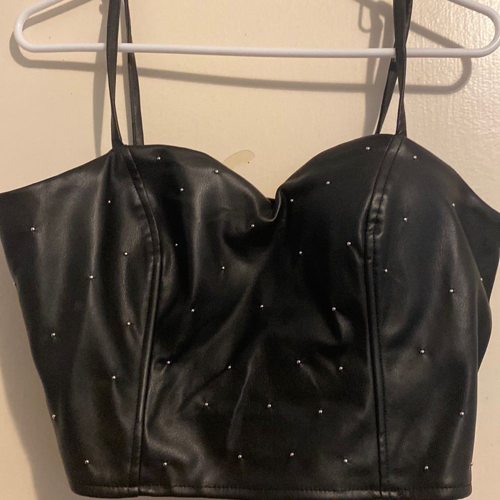 Black faux leather studded crop top. NWT XL